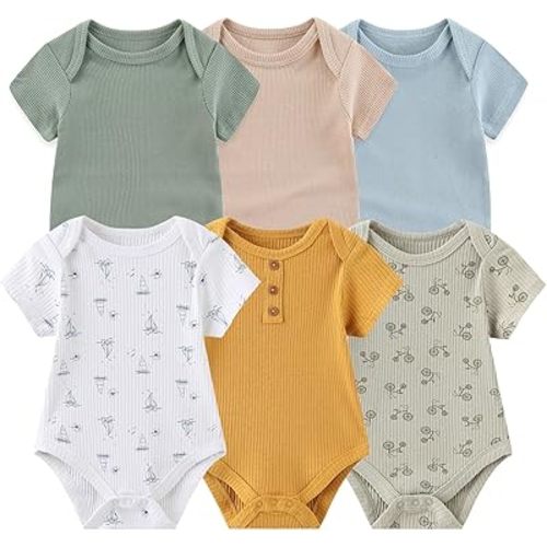Ruliby Baby Bodysuit 6 Pack Soft Mixed Ribbed Short Sleeve Romper Infant Boy Girl Clothes Set