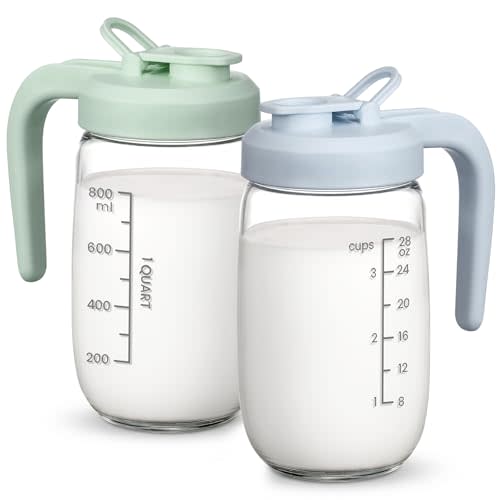 2 Pack Breast Milk Pitcher 32 OZ, Heat & Cold Resistant, Sudden Temperature Safe, Fast Baby Formula Maker with Wide Mouth, No Leak Glass Fridge Storage Container for Juice, Cold Brew-Blue, Green