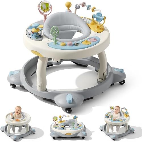 Baby Walker with Wheels, Foldable Baby Walker for Baby 6-12 Months, 3-Position Rotating Seat with Interactive Activity Center, Music Buttons, Baby Walkers for Boys Girls(Grey)