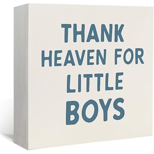 Lacama Boy Nursery Wooden Box Sign Newborn Gifts, Thank Heaven for Little Boys Decorations Wood Block Signs, Retro Blue Wood Sign for Toddler Little Boys Nursery Room Desk Shelf Wall Decor 5x5 Inches