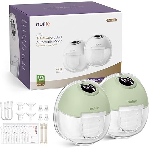 Nuliie S32 Wearable Breast Pump Hands-Free, More Private Electric Pump, 4 Modes 9 Suction Levels, 24mm Flange with 18/21mm Inserts, Easy Clean & Anti-Leak Design, Accessories Included (2 Packs, Green)