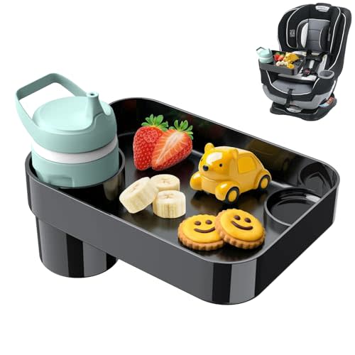 Car Seat Tray for Kids Toddlers Travel with 3-Inch Cup Holder & Dip Well | Mess-Free Kids Travel Tray, Fits Sippy Cups & Straw Bottles, Easy Clean, Square Design, Road Trip Essentials for Kids, Black