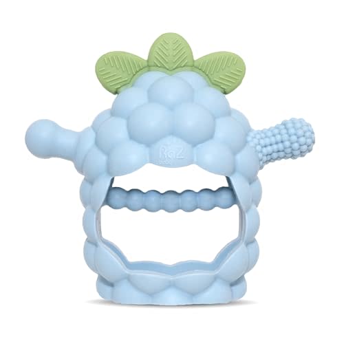 RaZbaby RaZberry Grip Silicone Teether Toy for 3M+ | Drop Resistant Hand Held Teether for Babies and Infants - Designed by Nature with Our Patented BerryBumps Multitextured Design | 3M+, Blue