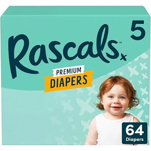 Rascals Disposable Baby Diapers Size 5 (64 Count), Absorbent Core, Up to 12 Hours Leak Protection, Gentle on Skin, Secure Fit, Soft Comfort