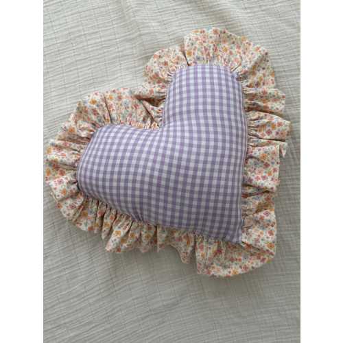 Purple Gingham Heart Pillow | Floral Ruffle Nursery Decor