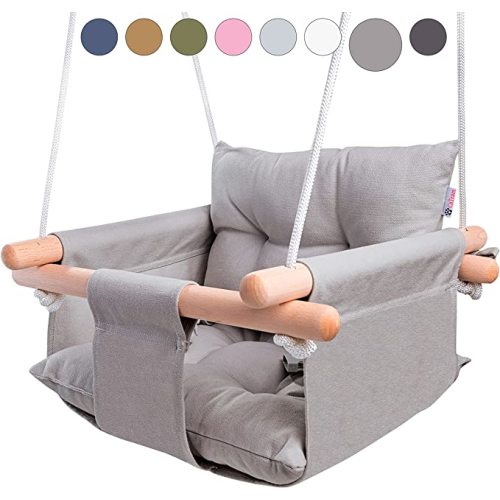 Canvas Baby Swing Seat with 5-Point Safety Belt — Wooden Hanging Toddler Swing, Indoor & Outdoor, Ages 1-4, Ceiling Mount Hardware Included, Taupe Gray