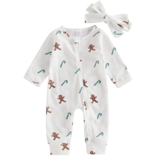 Baby Girls Christmas Outfits Long Sleeve Ruffle Trim Jumpsuit Zipper Romper Bodysuit Fall Winter Clothes