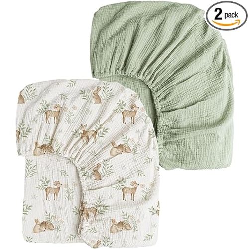 Konssy 2 Pack Muslin Crib Sheets for Standard Crib Mattress, 52" x 28" | 100% Cotton, Soft & Breathable, 360° Elastic Snug Fit, Solid & Printed Designs for Baby Girls & Boys (Woodland,Sage)