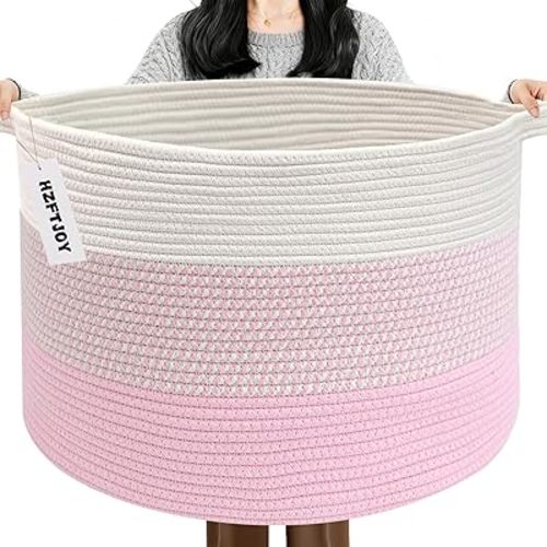 65L Large Blanket Basket,Woven Rope Laundry Basket-Mixed Pink