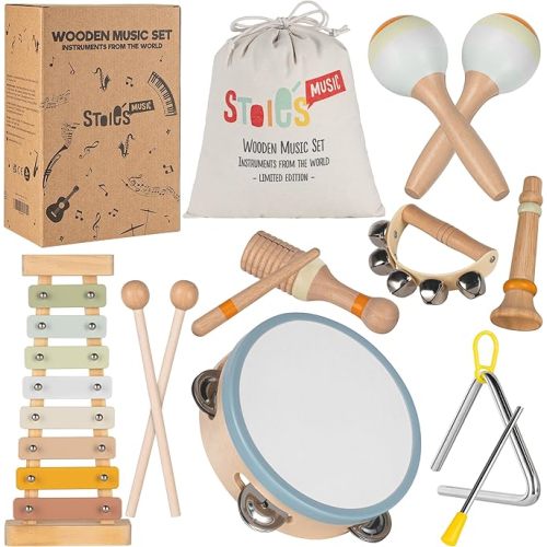 Stoie's Wooden Toddler Musical Instruments with Drum, Hand Bells, Flute, Maracas, Castanet, Tamburine, for Babies and Kids, Eco Friendly Montessori Educational Toy