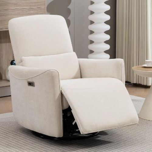 Power Swivel Recliner Chair, Upholstered Fabric Glider Electric Rocking Chair for Adults. Nursery Rocker Chair with Lumbar Support. Type-C&USB, Beige