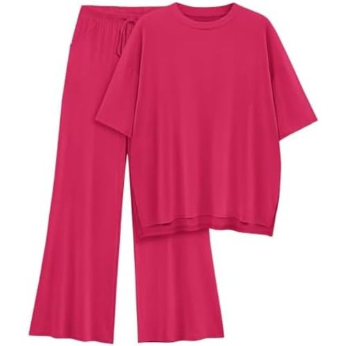 Womens Lounge Set 2026 Summer 2 Piece Outfits Oversized Short Sleeve Tops & Wide Leg Pant Matching Sets Clothing