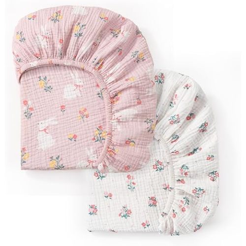 david's kids Muslin Crib Sheets for Girls, 2 Pack 100% Cotton Soft Breathable Fitted Baby Sheet Set, Standard 52"x28" Crib and Toddler Mattress, Rabbit