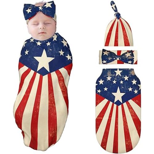 Flag Swaddle Blankets Newborn Receiving Blanket Baby Swaddle Wrap with Headband Hat Set for Baby Girls Boys