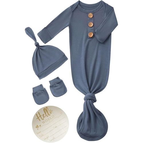 Newborn Baby Knotted Gown Headband/Hat Set Clothes Bamboo Viscose Sleep Gown with Announcement Sign