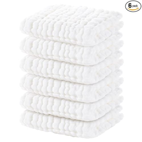 Yoofoss Muslin Baby Washcloths 100% Cotton Face Towels 6 Pack Wash Cloths for Baby 12x12in Soft and Absorbent Baby Wipes (White)