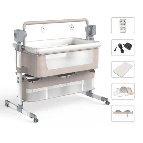 SteAnny Electric Rocking Crib Unisex Baby Cradle Newborn Bedside Sleeper with Remote Bassinet(Khaki/White)