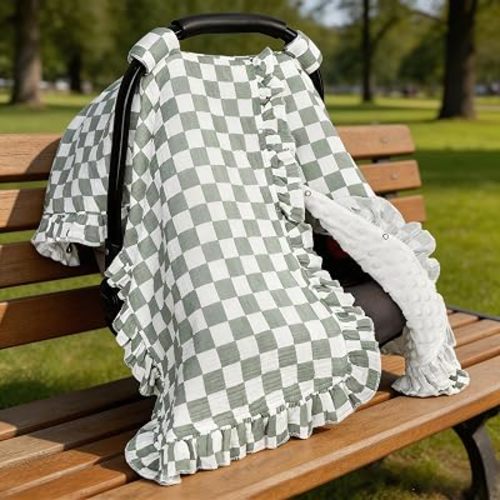DILIMI Car Seat Covers for Babies, Muslin Cotton Ruffled Baby Car Seat Cover with Peekaboo Opening, Minky Infant Car Seat Canopy for Boys Girls Newborn, Green Plaid