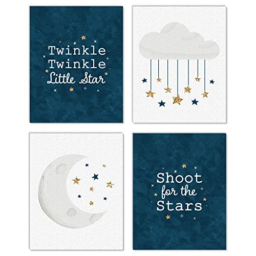 Big Dot of Happiness Twinkle Twinkle Little Star - Unframed Moon and Cloud Nursery and Kids Room Linen Paper Wall Art - Set of 4 - Artisms (8 x 10)