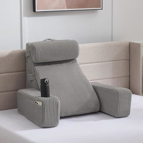 Reading Pillow for Sitting in Bed Adult, Back Pillow for Bed Sitting up with Arms, Pockets and Cup Holder, Sit Up Backrest Pillows for Beds Chair Support, Rest Pillow for Gaming