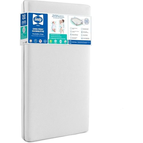 Sealy Baby OmniPedic DuoBreathe 2 Stage Breathable Crib Mattress, GREENGUARD Gold Certified, Made in USA, Waterproof, Premium Dual Firmness and Hypoallergenic, Toddler Bed Fit, 52x28