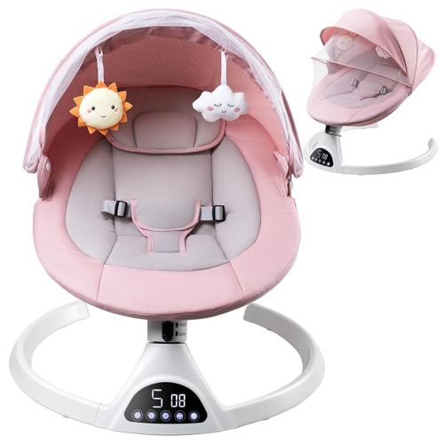Suureks Balançoire pour bébé avec 5 mouvements uniques, balançoire naturelle pour bébé, panneau tactile LED, haut-parleur de musique, télécommande, balançoire pour nourrissons, rose