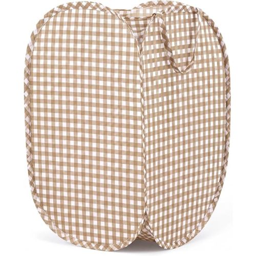 Brown Laundry Basket Pop up Hamper Gingham Basket Waterproof Material 14.57 Inch Laundry Bin for Dirty Clothes Dorm Bedroom Bathroom Nursery Closet Storage