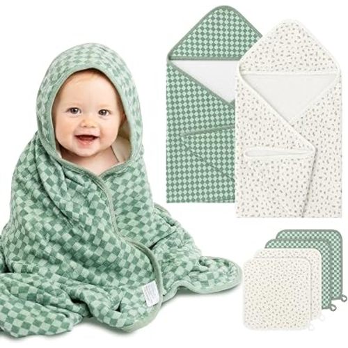 6 Pcs Baby Bath Towel Set Floral & Grid Newborn Bathing Supplies