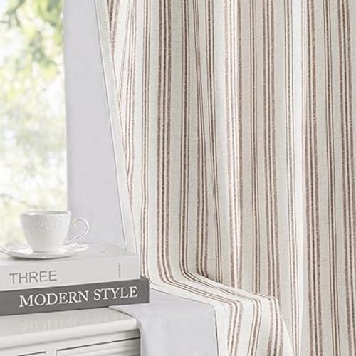 MYSKY HOME Taupe Striped Curtains 100% Blackout 84 Inches Long Farmhouse Rustic Curtains for Bedroom Living Room Tan Stripe Patterned Linen Blend Double Layer Drapes, Grommet, 2 Panels, 52" Wide