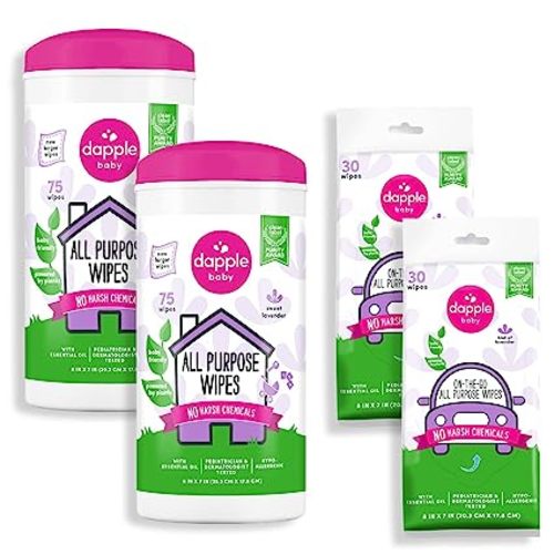 Dapple Baby All Purpose Wipes, Plant Powered, Hint of Lavender, Hypoallergenic, 75 Count Canister (Pack of 2) + 30 Count (Pack of 2)