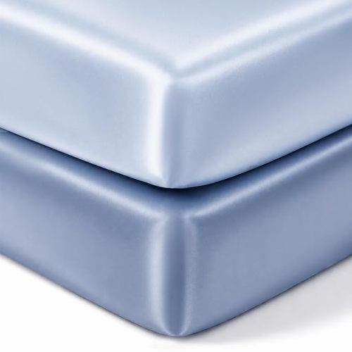 2 Pack Satin Crib Sheets for Baby Hair Care, Light Blue & Haze Blue