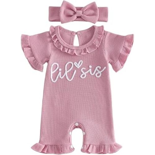 allshope Newborn Baby Girl Summer Outfit Romper Little Sister Lil Sis Embroidery Ruffle Collar Jumpsuit Infant Waffle Clothes