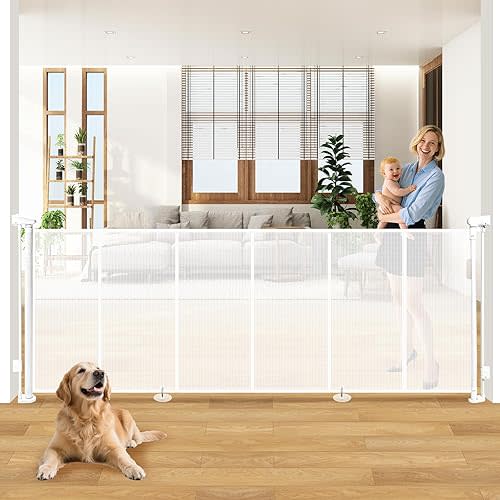 120" Extra Wide Retractable Baby Gates Dog Gate, Long Mesh Gate Pet Gate for Large Opening, 34" Extra Tall Child Safety Gate with Reinforced Strips for Stairs Hallways Doorways Deck Indoor Outdoor