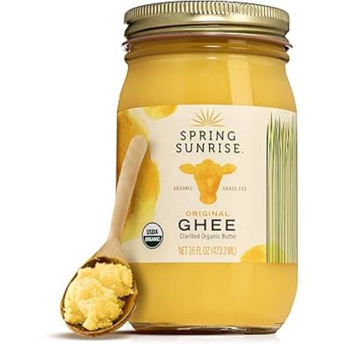 Spring Sunrise Grass Fed Organic Ghee - USDA Certified Clarified Butter - Keto & Paleo Friendly, Non-GMO, Gluten & Casein Free Cooking Oil - Sustainably Sourced - 16 oz Jar