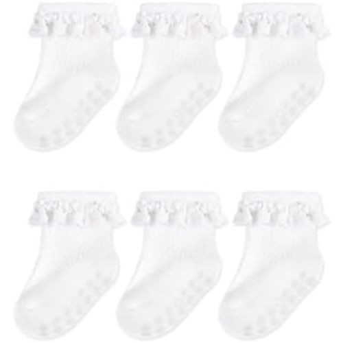 Baby Girl Ruffle Socks Toddler Non Slip Soft Socks with Grip for Girls Infant 6 Pairs, 0-4T