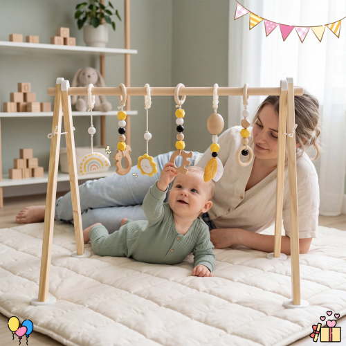 Jolie Vallee Wooden Baby Play Gym , Foldable Baby Play Gym Frame Activity Gym Hanging Bar with 6 Gym Baby Toys for Newborn Baby,Natural