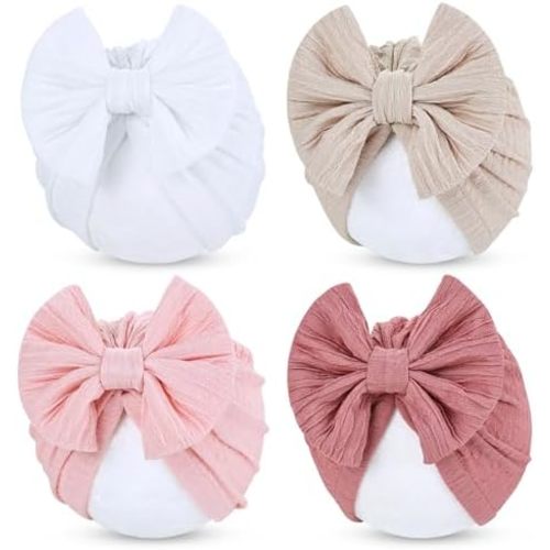 Cinaci 4 Pieces Baby Girls Turban Hats with Bow Newborn Hospital Caps Bonnets Beanies Headwraps for Infants Toddlers