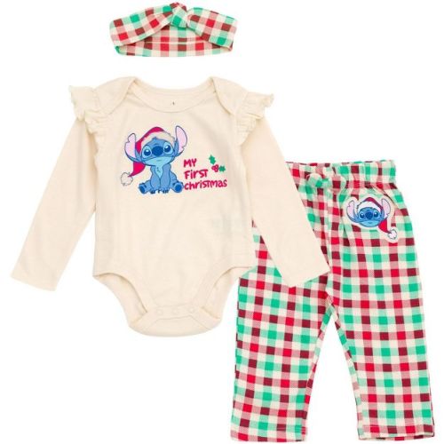 Disney Lilo & Stitch Christmas Newborn Baby Girls Bodysuit, Pants and Headband 3 Piece Outfit Set Gingham Cream Beige / Red / Green 6-9 Months