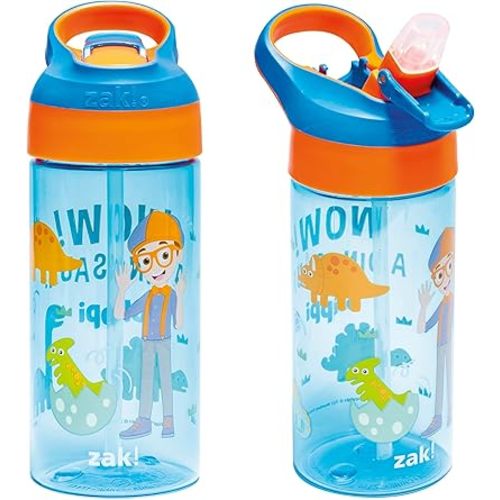Zak Designs Blippi Kids Water Bottle with Spout Cover and Built-in Carrying Loop, Made of Durable Plastic, Leak-Proof Water Bottle Design for Travel (17.5 oz, Pack of 2)