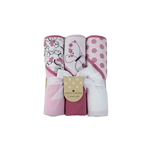 Cudlie Buttons & Stitches Baby Girl 3 Pack Rolled/Carded Hooded Towels in Butterfly Polka Print (GS71727)