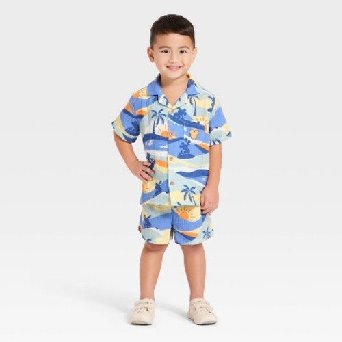 Toddler Boys' 2pc Disney Mickey Mouse Gauze Short Sleeve Button-Down Shirt & Shorts Set - 12M