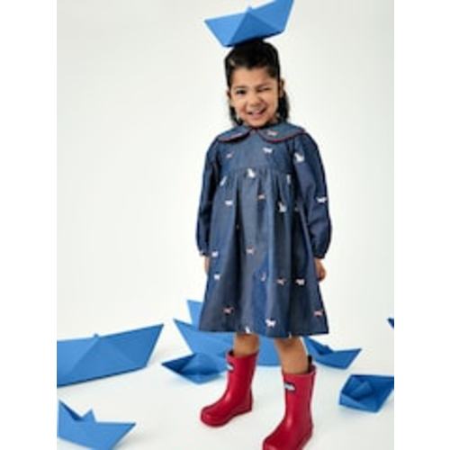 JoJo Maman Bébé Chambray Blue Pets Embroidered Dress - 18mo