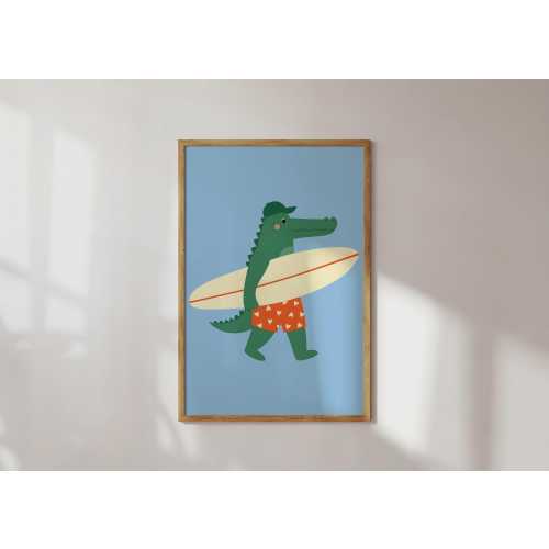 (Digital Download) Surfer Crocodile Nursery Art, Coastal Kids Wall Print, Cute Animal Surf Poster, Beach Nursery Decor