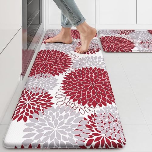 Anti Fatigue Kitchen Mats for Floor 2PCS,17"x47"+17"x29" Farmhouse Dahlia Kitchen Rugs Non Slip Rubber Backing,Waterproof Cushioned Standing Mat for Office,Laundry,Sink,Desk,Red
