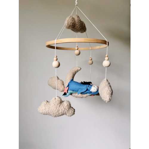 Neutral Baby Mobile – Bouclé Clouds & Eeyore Donkey – Boho Nursery Decor