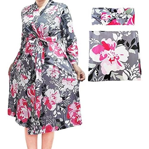 SUFEINI Maternity Robe and Matching Baby Swaddle Blanket Set, Mommy Robe with Receiving Blanket Girls Boys Sleepwear