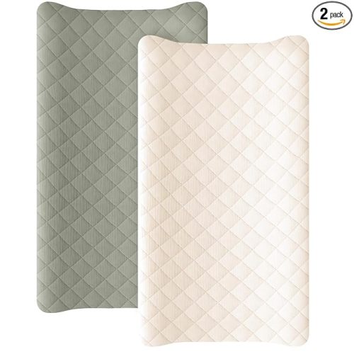 Konssy Waterproof Muslin Changing Pad Cover 2 Pack, Quilted Cotton Fitted Diaper Chang Table Cover, Soft Changing Pad Sheets for Girls Boys (Fog Green,Cream)
