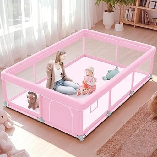 Pink Baby Playpen 74x50 Inches Playpen for Little Princess Play Yards Indoor & Outdoor Sturdy Safety Baby Girls Play Pen with Soft Breathable Mesh Toddlers Activity Center with Anti-Slip Base