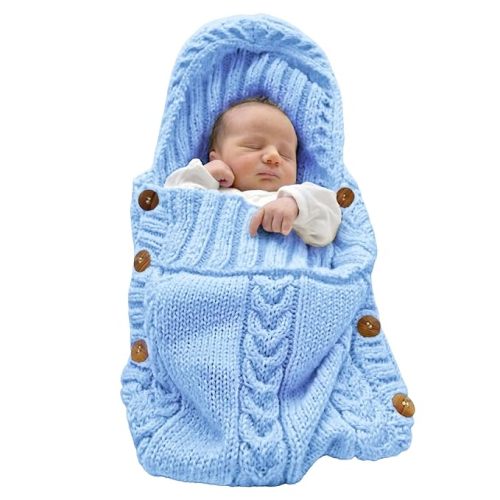 Newborn Baby Wrap Swaddle Blanket Knit Sleeping Bag Sleep Sack Stroller Wrap for Baby Light Blue 0-6 Month