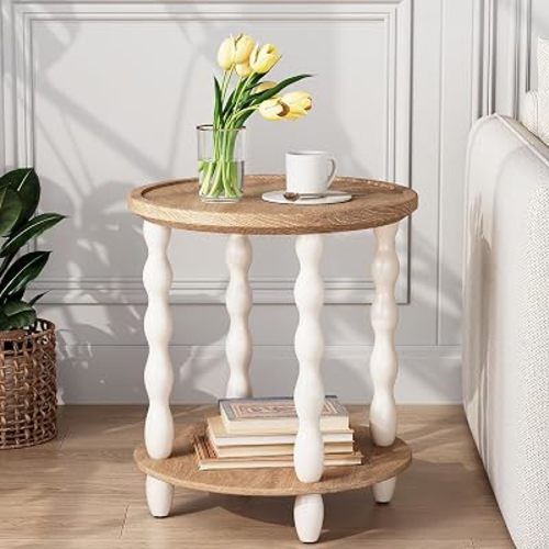 karlott Round Side Table, 2-Tier Farmhouse End Tables Living Room, Beige